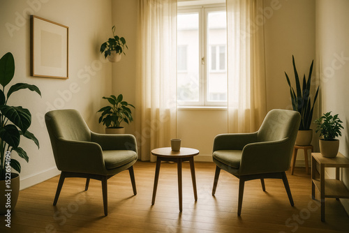 Bright and minimalistic therapy room with two chairs and coffee table, peaceful interior. generative AI