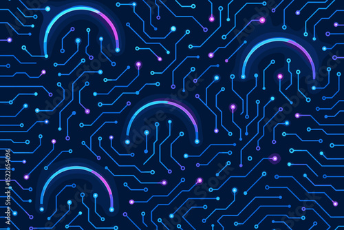 Detailed digital circuit pattern in vibrant blue and purple colors showcasing technology design elements