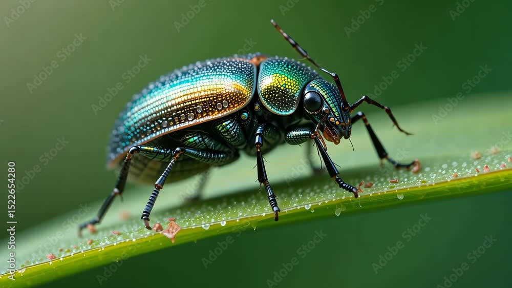 Close-up of shiny green beetle on fresh leaf with dew drops, detailed view with blurred forest background. Concept of macro nature Close-up of shiny green beetle on fresh leaf with dew drops, detailed view with blurred forest background. Concept of macro nature