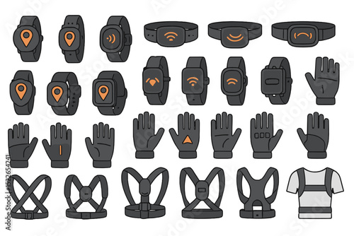 Various wearable technology devices displayed on a white background including smartwatches and fitness gloves