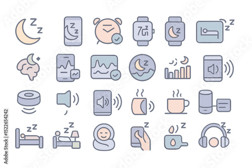 Sleep-related icons depicting various aspects of rest and relaxation for digital devices and monitoring