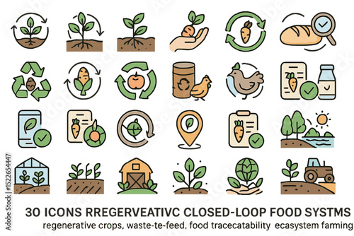 Icons representing regenerative closed-loop food systems showcasing sustainable agriculture and ecological practices in a modern context
