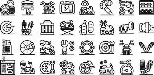 Motorcycle repair icons set. Motorcycle repair icons depict various services, parts, and tools involved in maintaining and fixing motorcycles, ensuring they run smoothly and safely