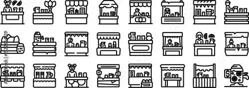 Children selling lemonade icons set. Collection of icons depicting market stalls with different products