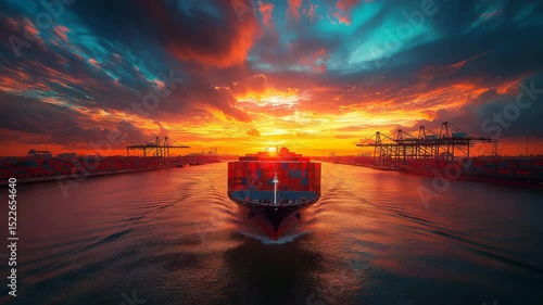 Large sunset panorama of a container terminal in Hamburg