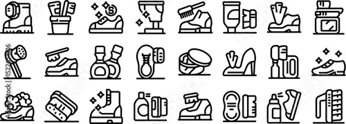Shoe cleaning icons set. Shoe cleaning icons depicting various methods and products for maintaining footwear hygiene, ensuring longevity and enhancing appearance