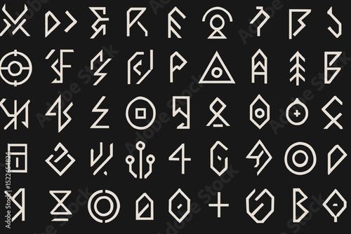 Collection of geometric symbols featuring various shapes and patterns on a black background