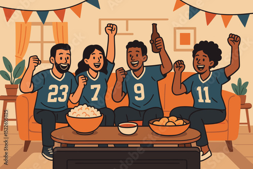 Friends celebrate during a football match at home while enjoying snacks and drinks on game day