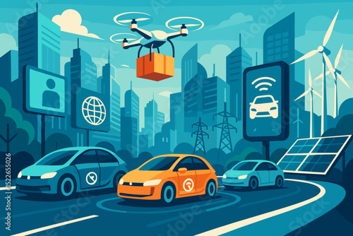 Urban landscape showcases advanced transport technology with cars and a drone delivering packages in a futuristic city setting