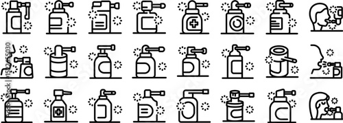 Throat spray icons set. Maintaining oral hygiene and soothing sore throats with various throat sprays and mouth sprays