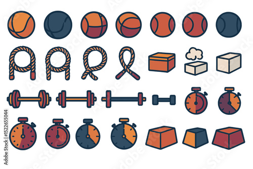 Variety of sports equipment and fitness tools illustrated in bright colors arranged in a creative layout
