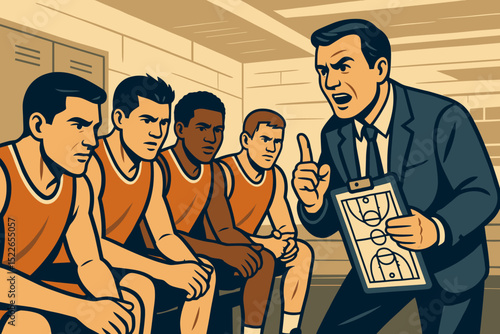 Coach delivers motivational speech to basketball team in locker room before game
