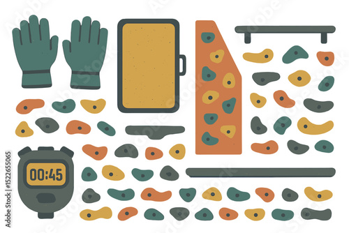 Climbing equipment and holds arranged on a flat surface for indoor rock climbing practice session