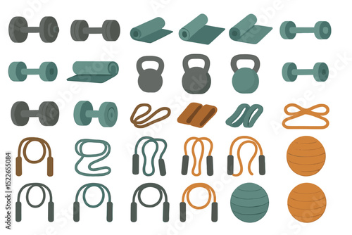 Flat icon set of gym equipment for fitness and exercise