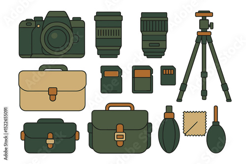 A set of camera gear icons including a camera, lenses, tripod, SD cards, and cleaning accessories.