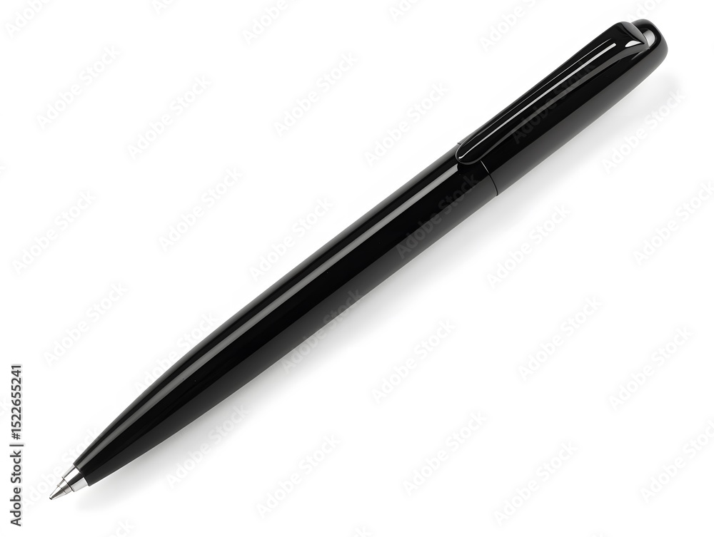 A sleek black pen with a cap lying diagonally on a white background in a studio setting with soft light A sleek black pen with a cap lying diagonally on a white background in a studio setting with soft light
