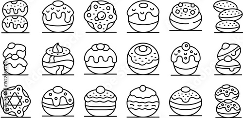 Hanukkah doughnuts icons set. Sufganiyot icons set featuring various styles of these traditional hanukkah treats, perfect for festive designs