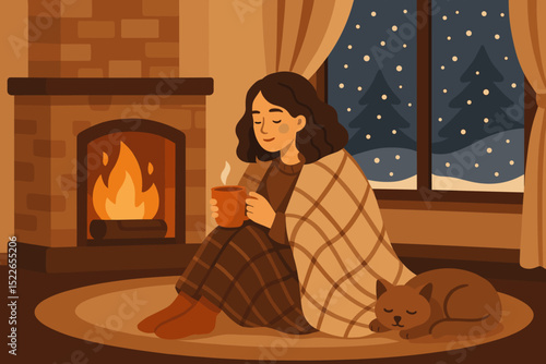 Cozy evening by the fireplace with a warm drink and a sleeping cat during winter