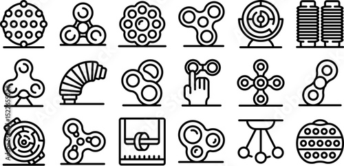 Fidget icons set. Set of line icons of fidget toys and pop it, relaxing anti stress toys for children and adults promoting concentration and focus