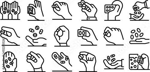 Hand holding capsule icons set. Various hands holding, dropping, and offering pills and capsules, representing medicine, healthcare, and pharmaceutical concepts