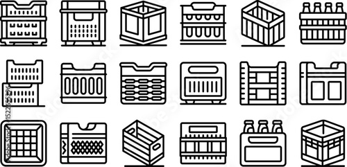 Plastic crate box icons set. Set of container icons featuring various crates for storage, delivery, and organization of bottles, groceries, and other goods