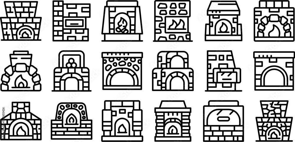Fototapeta premium Stone stove icons set. Various designs of brick fireplaces, showcasing burning firewood flames, providing warmth and comfort in traditional home settings