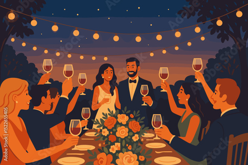 Couples celebrate their engagement during an evening dinner party surrounded by friends and festive lights