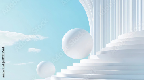 3D futuristic minimalist architecture with floating spheres, clean white steps, smooth lines, surreal serene sky blue background, peaceful and elegant design, modern abstract concept
