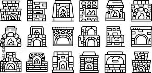 Stone stove icons set. Various designs of brick fireplaces, showcasing burning firewood flames, providing warmth and comfort in traditional home settings