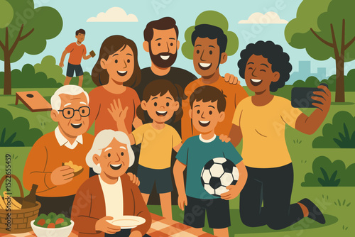 Family gathering in a sunny park enjoying a picnic and playing soccer with joyful expressions and fun activities