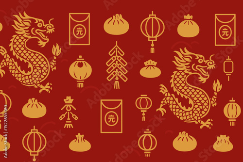 Chinese New Year decorations featuring dragons and traditional symbols on a vibrant red background