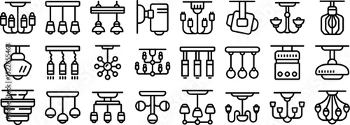 Ceiling chandelier icons set. Different ceiling lamps are hanging, providing light in various styles, shapes, and designs, suitable for interior decoration