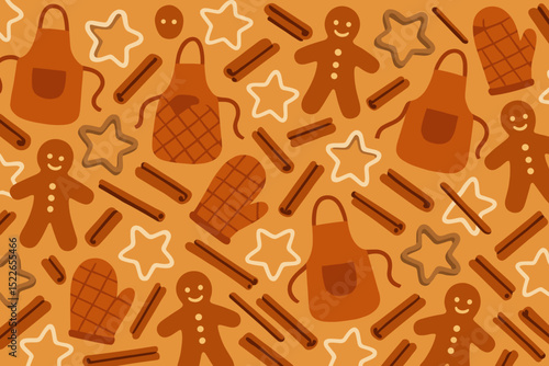 Festive gingerbread pattern with cookies, aprons, and baking utensils in warm autumn colors for holiday cheer