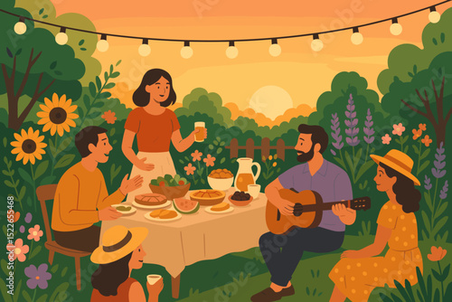 Friends gather in a garden for an evening of food, drinks, and music as the sun sets behind them