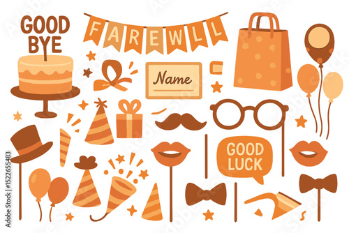 Celebration themes and decorations for a farewell party with festive elements in vibrant orange tones
