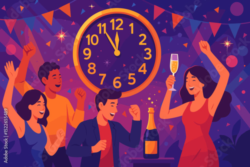 Friends celebrate New Year's Eve at a party with champagne and festive decorations