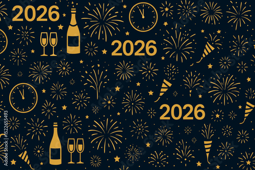 Celebration decorations for New Year's Eve welcoming 2026 with fireworks, champagne, and countdown clocks