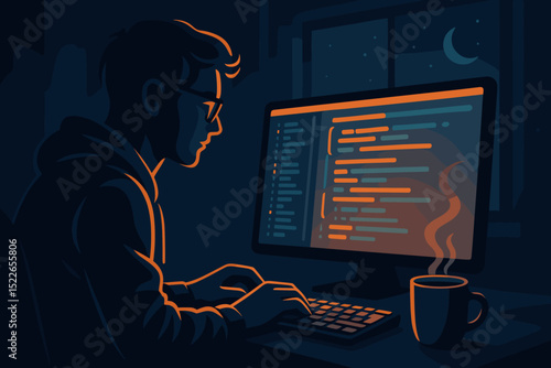 Late night coding session in a cozy workspace with warm ambient light