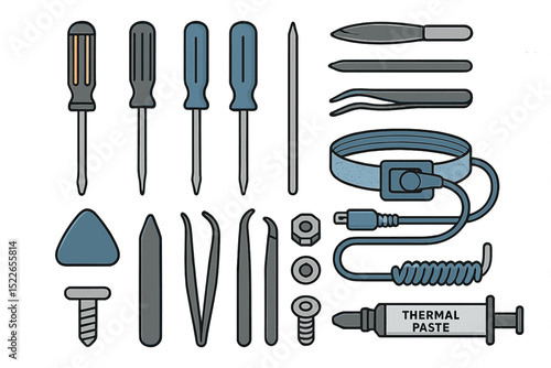 Illustration of electronic repair kit with tools and thermal paste