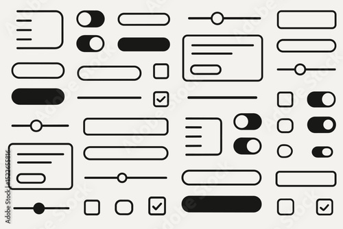Minimalist black UI elements pattern with buttons, sliders, toggles