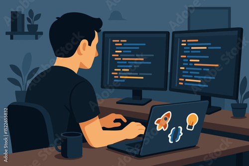 Programmer coding at night with dual monitors and laptop