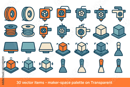 Vector icon set of 3D printing parts with spools, extruders, and tools