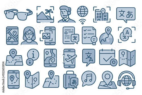 Various travel icons depicting tourism, technology, and language interaction in a modern city