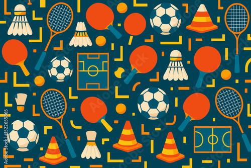 Colorful sports pattern featuring various equipment and games for recreation and fitness activities