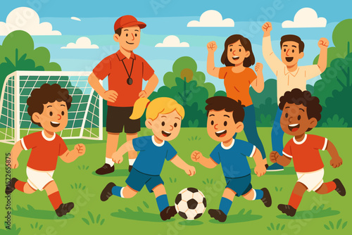 Children playing soccer with coach and cheering parents nearby