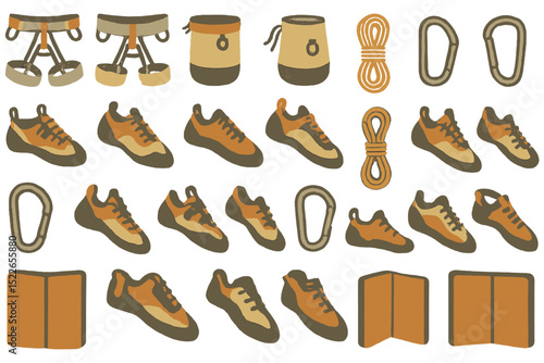 Various climbing equipment including shoes, harnesses, and carabiners suitable for rock climbing activities