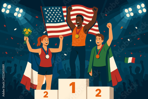 Champions on podium with medals and international flags