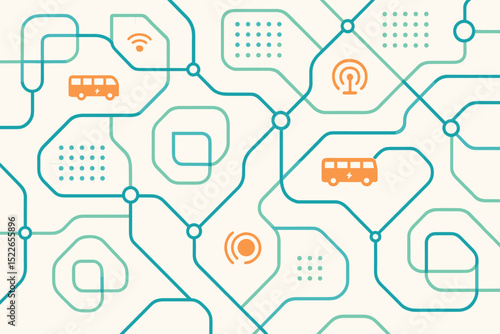 Complex network design featuring public transportation routes and connectivity symbols in vibrant colors