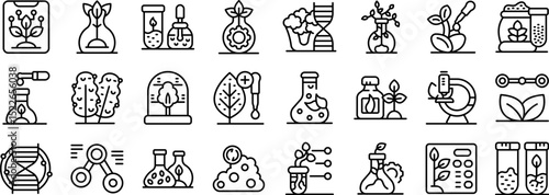 Agrochemistry icons set. Biotechnology research enhancing plant growth and development for increased crop yields and sustainable agriculture