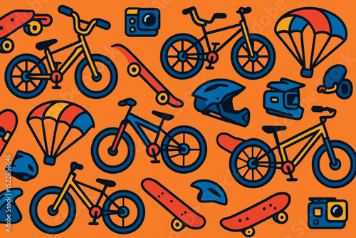 Seamless pattern of extreme sports gear with bikes, helmets, and parachutes